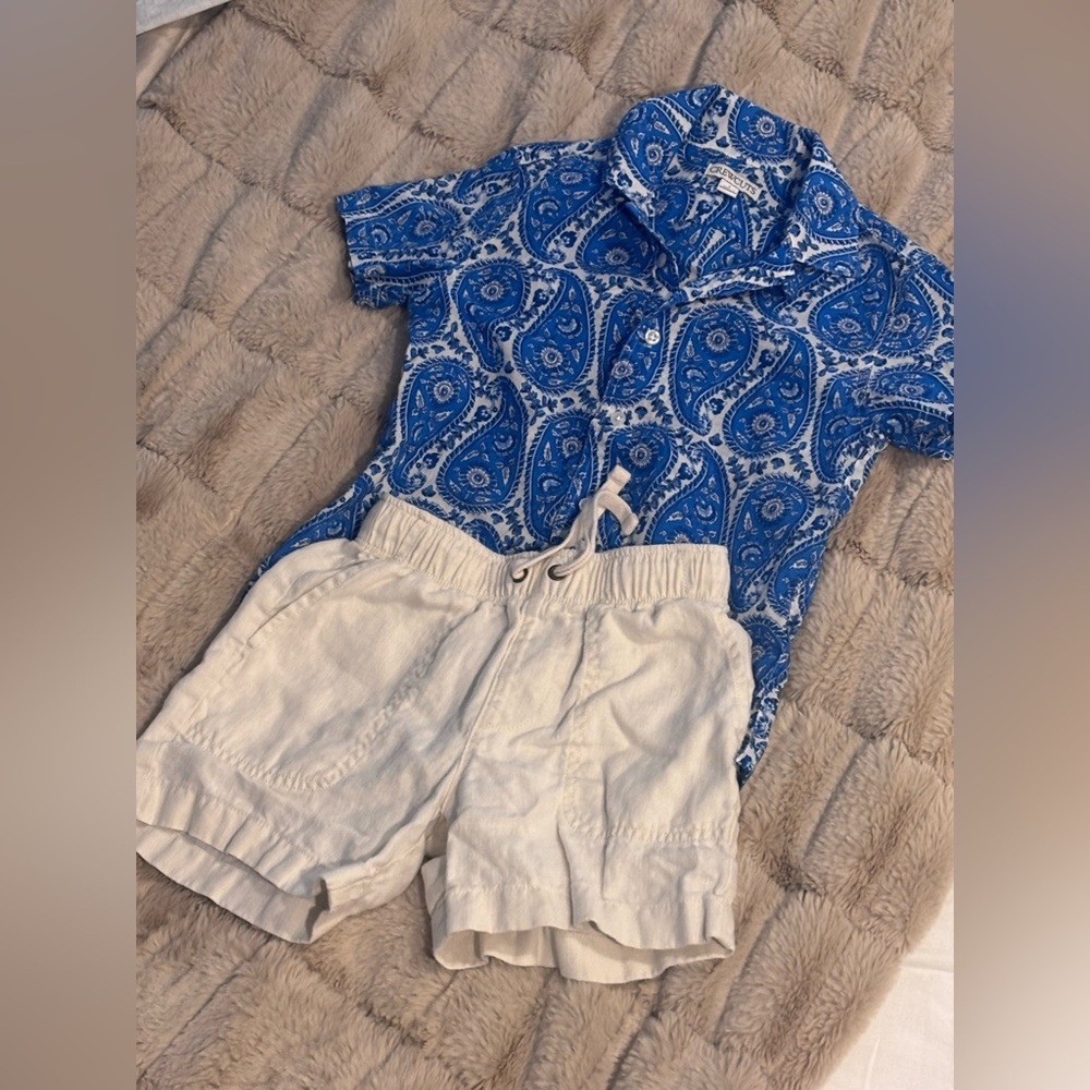 Crewcuts Boys Outfit - Blue Paisley Button-Up Top and Linen Shorts - Picture 2 of 14